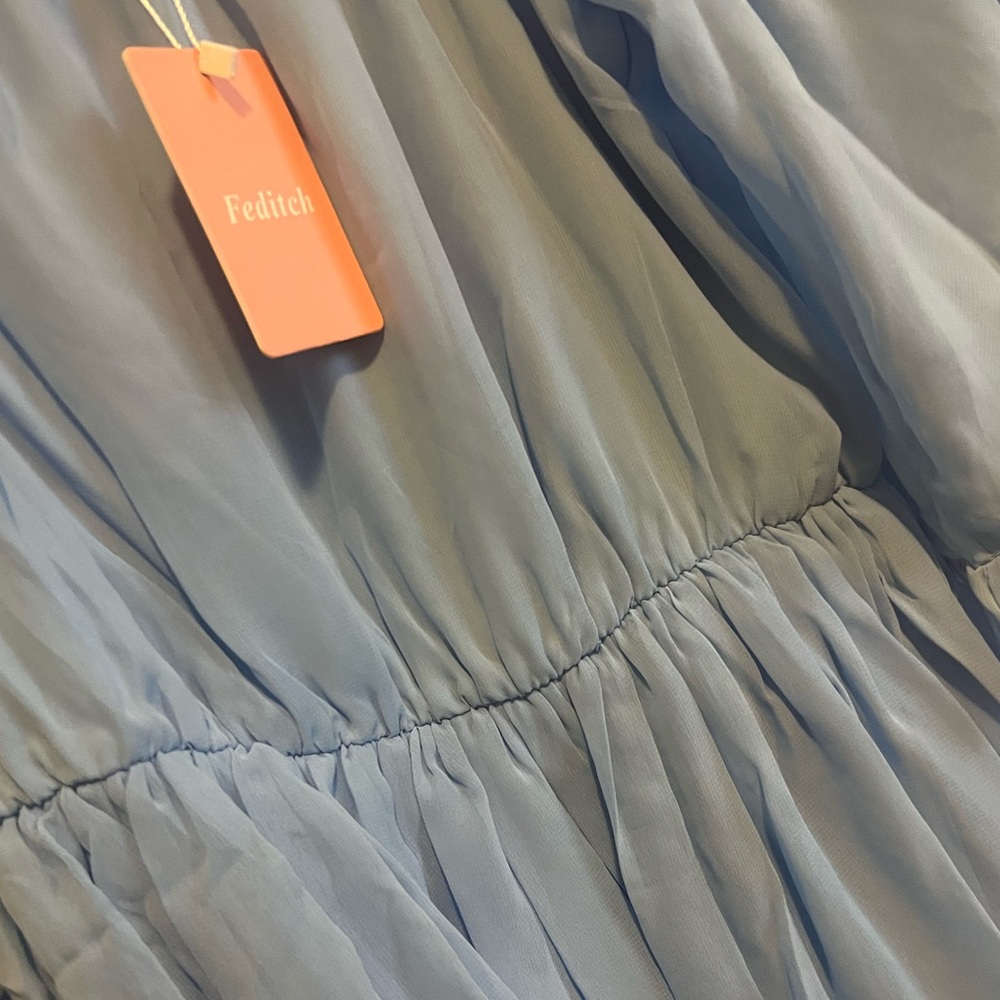 NWT— Feditch— Light Blue Chiffon Off-Shoulder Mini Dress, size SM - Picture 9 of 9